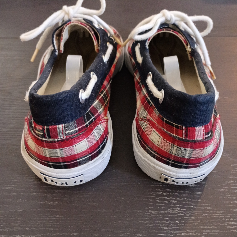 Polo by Ralph Lauren Red and Blue Plaid Boat Shoes. Men's 9.5M Gently Used - Picture 3 of 6